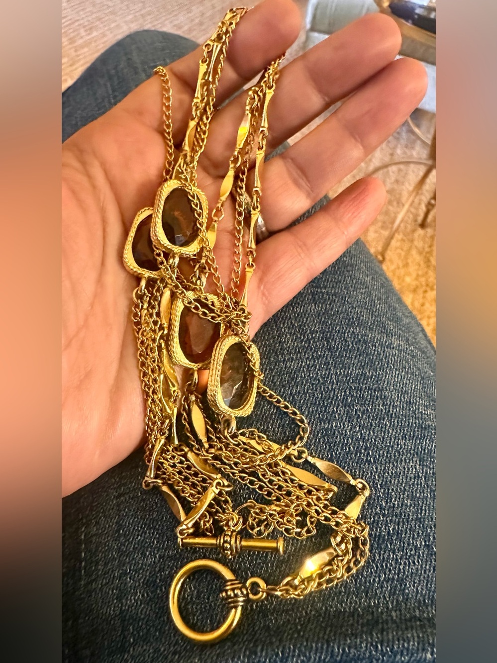 Sarah Coventry Gold-Tone Multi Strand Necklace with Brown Glass Stones